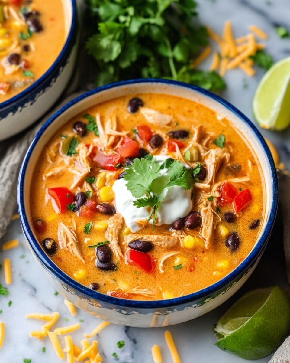 The image shows a large white pot filled with a thick, creamy orange soup that has visible ingredients like shredded chicken, black beans, corn, and red bell pepper pieces scattered throughout. A metal ladle is scooping up a portion of the soup, highlighting the chunky texture and mix of colors. The pot sits on a white marbled surface with a black and white checkered cloth beneath it. In the background, there are small white bowls holding shredded cheddar cheese and white sour cream, and some yellowish muffins are partially visible, adding to the cozy, homemade kitchen feel. photo taken with an iphone --ar 4:5 --v 7