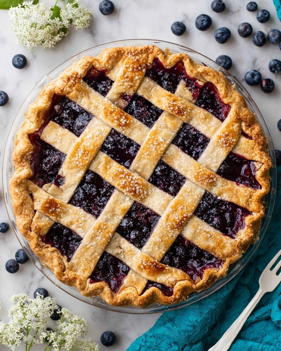 A slice of blueberry pie is shown on a white plate with a slightly raised, patterned edge, resting on a teal cloth on a white marbled surface. The slice has three distinct layers: the top layer is a golden-brown lattice crust with a slightly flaky texture and visible sugar crystals on top; the middle layer shows juicy, whole blueberries that are dark purple and glossy, packed tightly together with some juice seeping out; the bottom layer is a lighter golden crust supporting the blueberries. In the background, a clear glass pie dish with more of the pie is placed on the white marbled surface, with a few scattered loose blueberries around it. Photo taken with an iphone --ar 4:5 --v 7