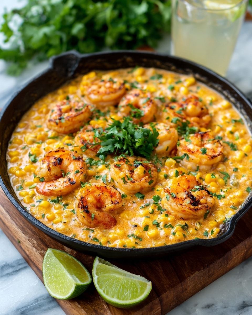 A close-up of a black skillet filled with creamy shrimp and corn mixture sitting on a wooden board over a white marbled surface, the dish has an orange-yellow creamy base with small corn kernels spread throughout, topped with several cooked shrimp that are pinkish-orange with light grill marks, scattered chopped green herbs, and a small bunch of fresh cilantro in the center, in front of the skillet are two pieces of green lime, one cut in half and the other in a wedge, a glass with ice and a light drink is blurred in the background, along with blurred green leafy herbs; photo taken with an iphone --ar 4:5 --v 7