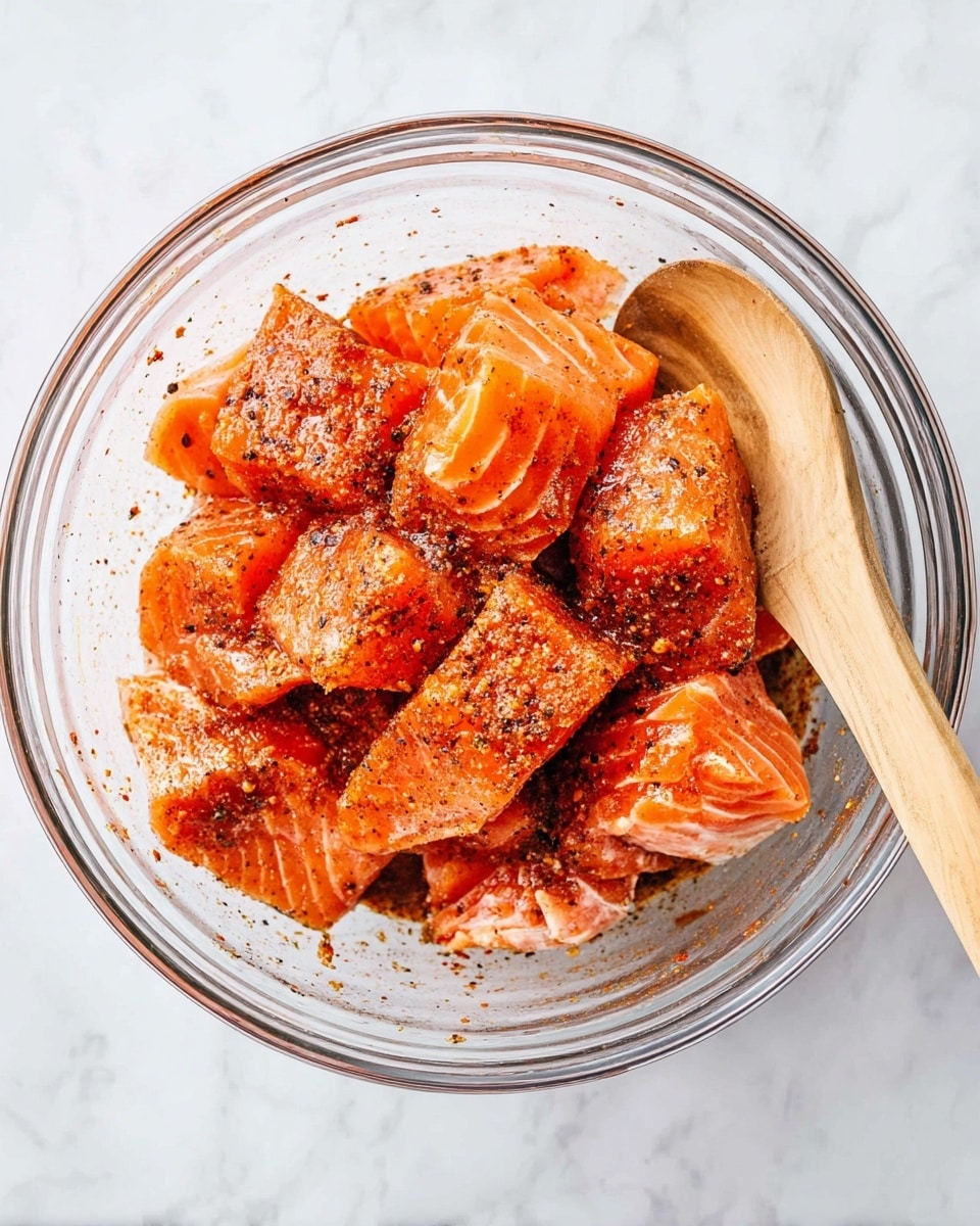 A white bowl filled with three main layers: bright green broccoli florets on the left, white steamed rice in the middle left, and several chunks of orange glazed salmon topped with white sesame seeds and chopped green onions on the right and center. The salmon pieces have a slightly charred and glossy texture, showing a rich glaze. In the back, a small brown dish with dark dipping sauce sits out of focus on a white marbled surface. photo taken with an iphone --ar 4:5 --v 7