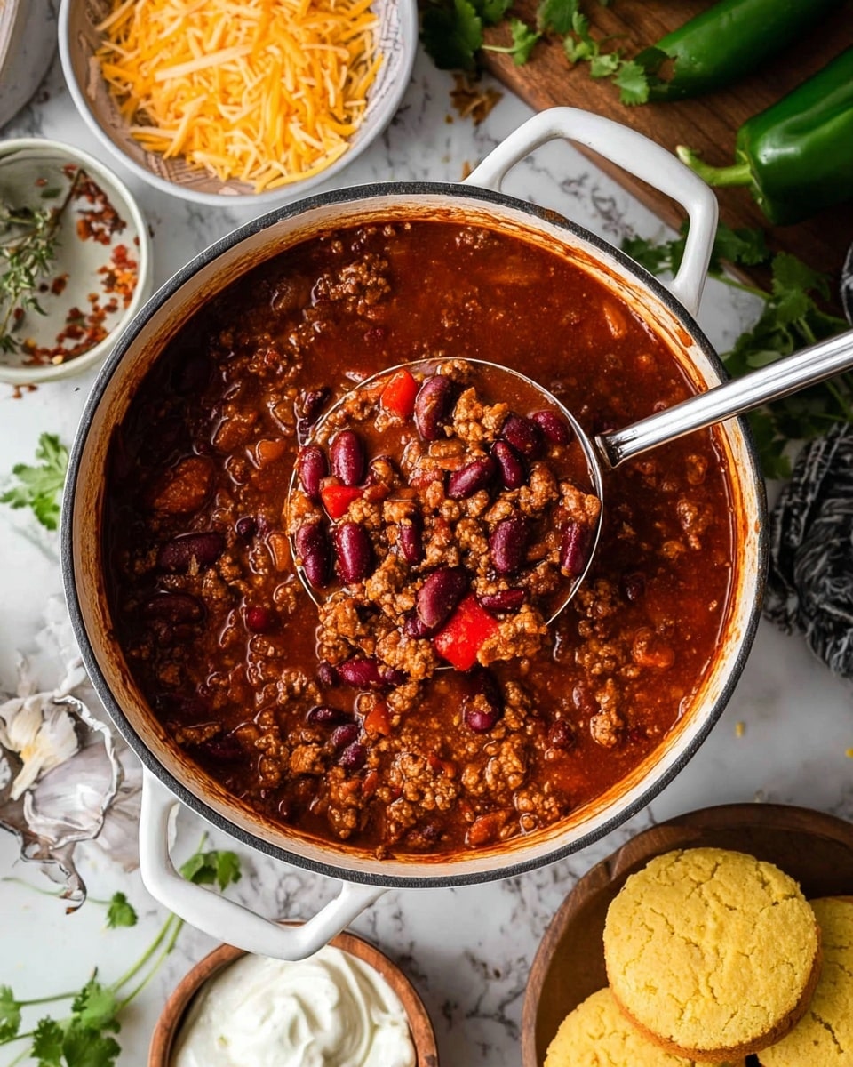 A white bowl filled with rich chili made of dark red kidney beans, bright red tomato chunks, and brown cooked ground meat in thick reddish sauce. On top, there are three layers: orange shredded cheddar cheese, a dollop of white sour cream with a small green cilantro leaf, and light yellow tortilla chips partly dipped into the chili. The bowl is placed on a white marbled surface, with a yellow cornbread muffin in front of it and green herbs and additional shredded cheddar cheese in blurred background. Photo taken with an iphone --ar 4:5 --v 7