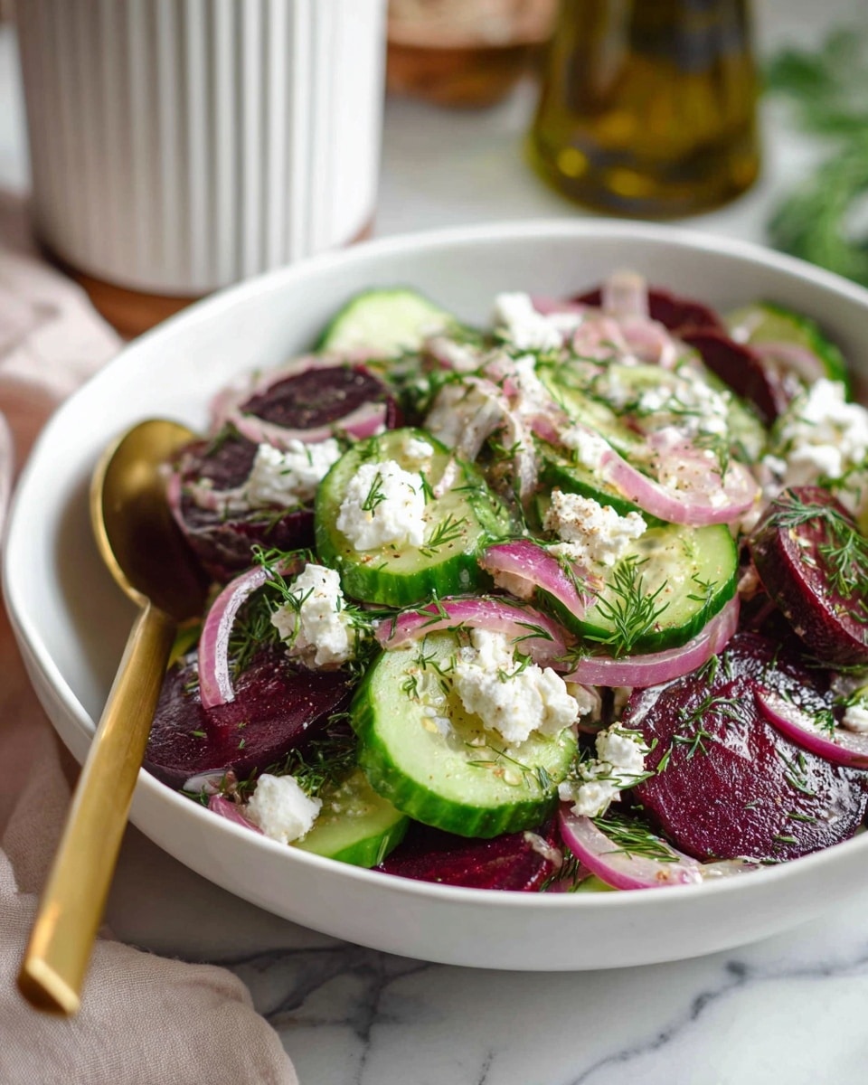 The dish is a salad served on a white plate with a thin gold rim, placed on a white marbled surface. The salad has three main visible layers: the bottom layer consists of dark red beet slices arranged around the plate, the middle layer contains several pale green cucumber slices spread evenly, and the top layer is made of small white crumbles of cheese scattered throughout. On top, there are fresh green dill sprigs and some thinly sliced radishes adding a touch of light pink and white. The background shows a blurred kitchen setting with dark cabinets and warm lighting. photo taken with an iphone --ar 4:5 --v 7