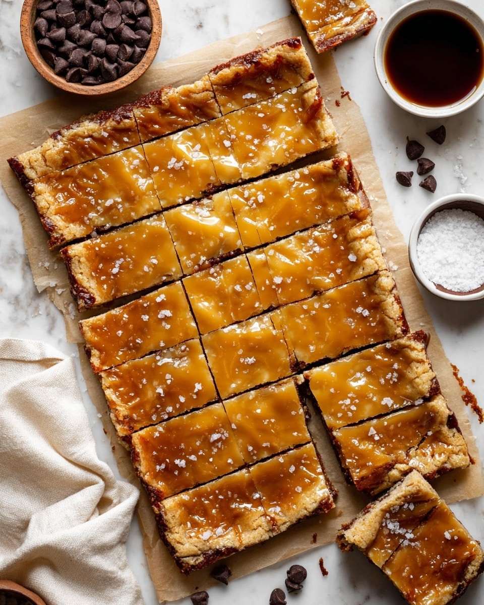 Two large rectangular bars of blondie-like dessert, each cut into several diamond-shaped pieces, cover a white marbled surface with parchment paper underneath them. The top layer is a shiny, golden melted cheese or glaze with slight bubbly spots and some salt flakes sprinkled around. The blondie base shows a dense, crumbly texture with a medium brown color, visible particularly on a few pieces placed outside the rectangles. Around the dessert, there are small white bowls, one filled with dark chocolate chips, another with coarse salt, and a third one with dark syrup. A white cloth is partially visible in the bottom left corner. Photo taken with an iphone --ar 4:5 --v 7