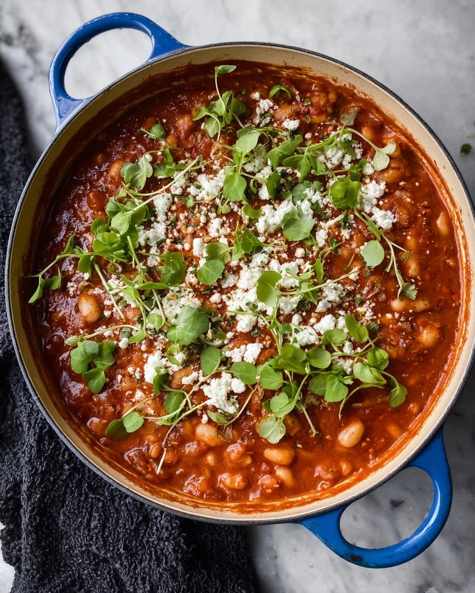 A white bowl filled with rich red tomato stew containing large, soft white beans and chunks of tender meat. On top of the stew is a layer of crumbly white cheese that contrasts with the red sauce. Scattered green leaves add freshness and color, resting gently on the cheese and stew. A detailed silver spoon is placed inside the bowl, resting on the edge. Another bowl with the same dish is blurred in the background. The bowls are placed on a white marbled surface with some green leaves scattered around. Photo taken with an iphone --ar 4:5 --v 7