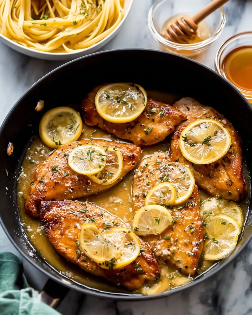 A close-up of a black pan with four cooked chicken breasts covered in a shiny, golden brown lemon sauce with small bits of herbs sprinkled on top. The chicken pieces are layered unevenly, each piece topped or surrounded by thin yellow lemon slices soaked in the sauce. The sauce is glossy and slightly thick, pooling around and under the chicken. Next to the pan, at the top left corner, there is a white bowl filled with coiled, light yellow spaghetti noodles, and a small glass bowl with honey and a wooden honey dipper is visible in the background on a white marbled surface. photo taken with an iphone --ar 4:5 --v 7