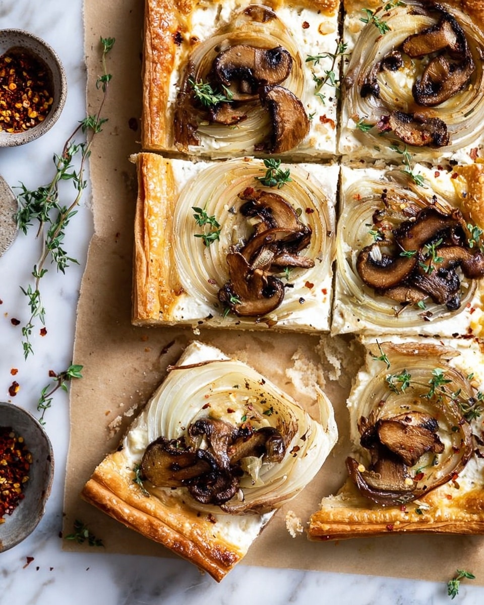 A flat square dough base lays on white parchment paper over a white marbled surface. The first layer is light beige dough forming the crust with uneven edges. On top, a layer of shredded white cheese spreads evenly, covering the dough almost fully. Over the cheese, thin slices of white onion are arranged in neat rows, each slice showing a soft, translucent texture. Finally, halved brown mushrooms with white interiors are scattered evenly across the top, adding a natural contrast in color and shape. photo taken with an iphone --ar 4:5 --v 7