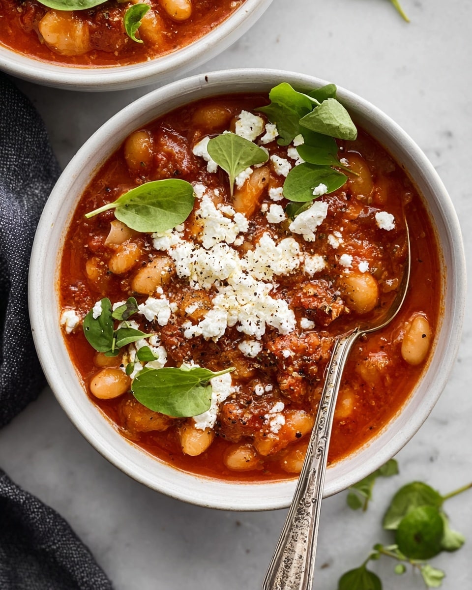Two white bowls filled with thick red stew made of large white beans and chunks of meat, topped with a generous layer of crumbly white cheese and bright green fresh leaves scattered across the surface. A silver spoon rests inside the bowl in the front, which sits on a white marbled surface, with the second bowl slightly out of focus behind it. The textures show soft beans soaking in the rich tomato-based sauce, with fresh greens and cheese adding color contrast. Photo taken with an iphone --ar 4:5 --v 7