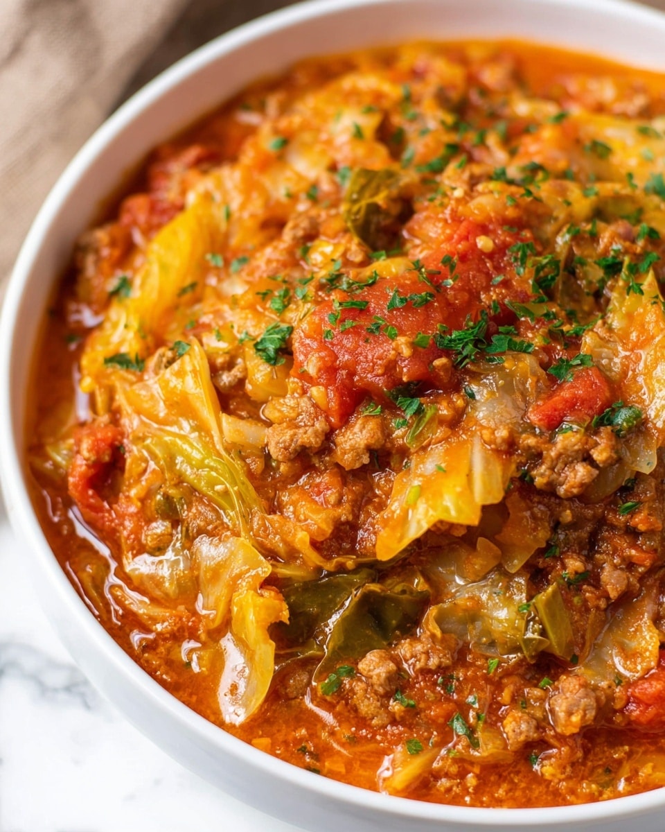 A close-up view of a white bowl filled with a thick stew that has several layers of ingredients mixed together. The base is a rich orange-red tomato sauce with a slightly chunky texture. Scattered throughout are pieces of cooked ground meat, soft yellow cabbage leaves, small bits of green herbs sprinkled on top, and visible chunks of red tomatoes. The stew looks hearty and dense with a glossy surface, resting on a white marbled background. photo taken with an iphone --ar 4:5 --v 7