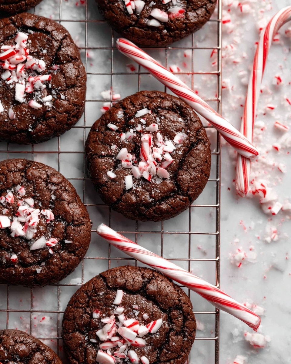A close-up of two dark brown chocolate cookies stacked on a metal cooling rack, topped with small scattered pieces of red and white crushed candy canes; the top cookie has a bite taken from its edge, showing a chewy interior, with a few whole candy canes lying around the cookies on the white marbled surface. photo taken with an iphone --ar 4:5 --v 7