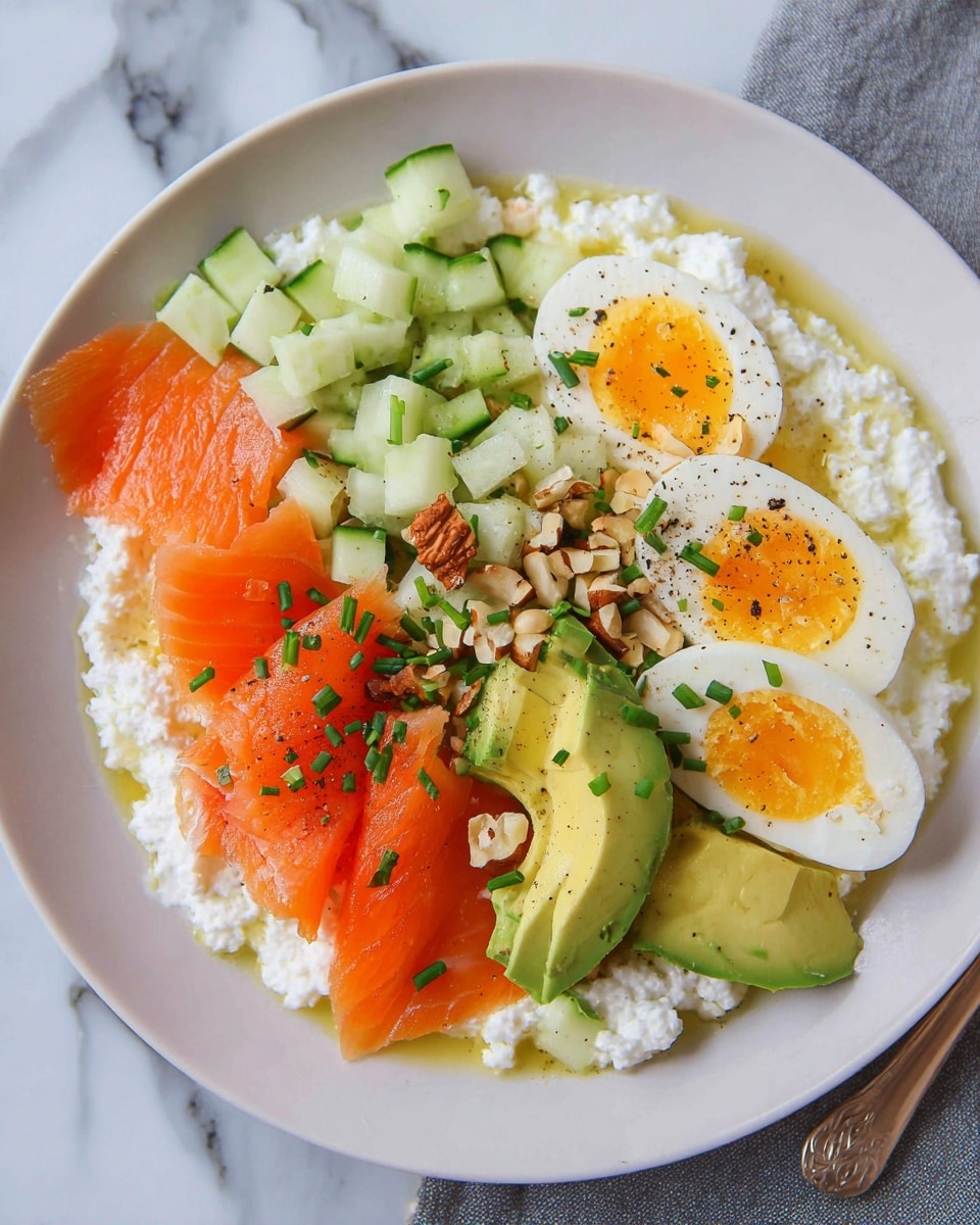 A beige bowl contains a layered dish with creamy white cottage cheese as the base, topped with diced green cucumber pieces in one section. Next to it is bright orange smoked salmon, arranged in thin, slightly folded slices. Adjacent to the salmon are two halves of a boiled egg with yellow yolks and white edges. Beside the eggs are slices of ripe green avocado, fanned out neatly. The dish is lightly sprinkled with chopped green chives and small brown nut pieces. Around the bowl are scattered chive pieces and nut crumbs on a white marbled surface. To the left, a wooden cutting board holds a whole dark green avocado and a half avocado with the seed. Nearby is a small glass bowl of chopped chives. Above is a stack of two white bowls, the top one containing round cucumber slices. To the right, a separate white plate holds several slices of orange smoked salmon. A silver spoon lies on a white textured cloth napkin. photo taken with an iphone --ar 4:5 --v 7