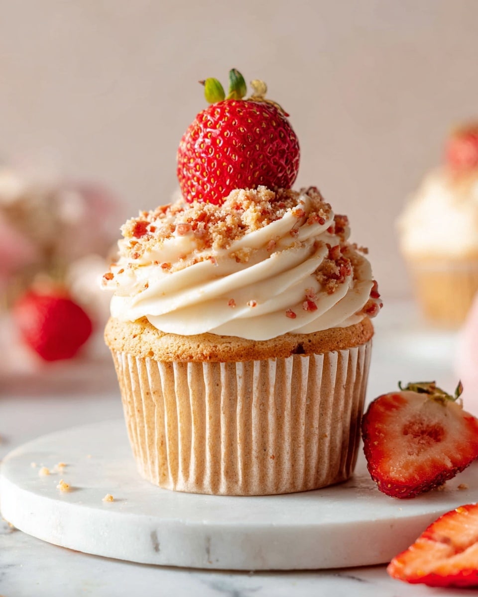 A close-up of a cut cupcake resting on a white plate with a white marbled background. The cupcake has two visible layers: the bottom is a light brown sponge cake with small red specks, showing a soft and moist texture, while the top layer is thick white frosting sprinkled with small red and beige crumbs. Next to the cupcake, there is a half slice of a bright red strawberry with a green stem. Scattered small crumbs of red and beige surround the cupcake on the plate. photo taken with an iphone --ar 4:5 --v 7