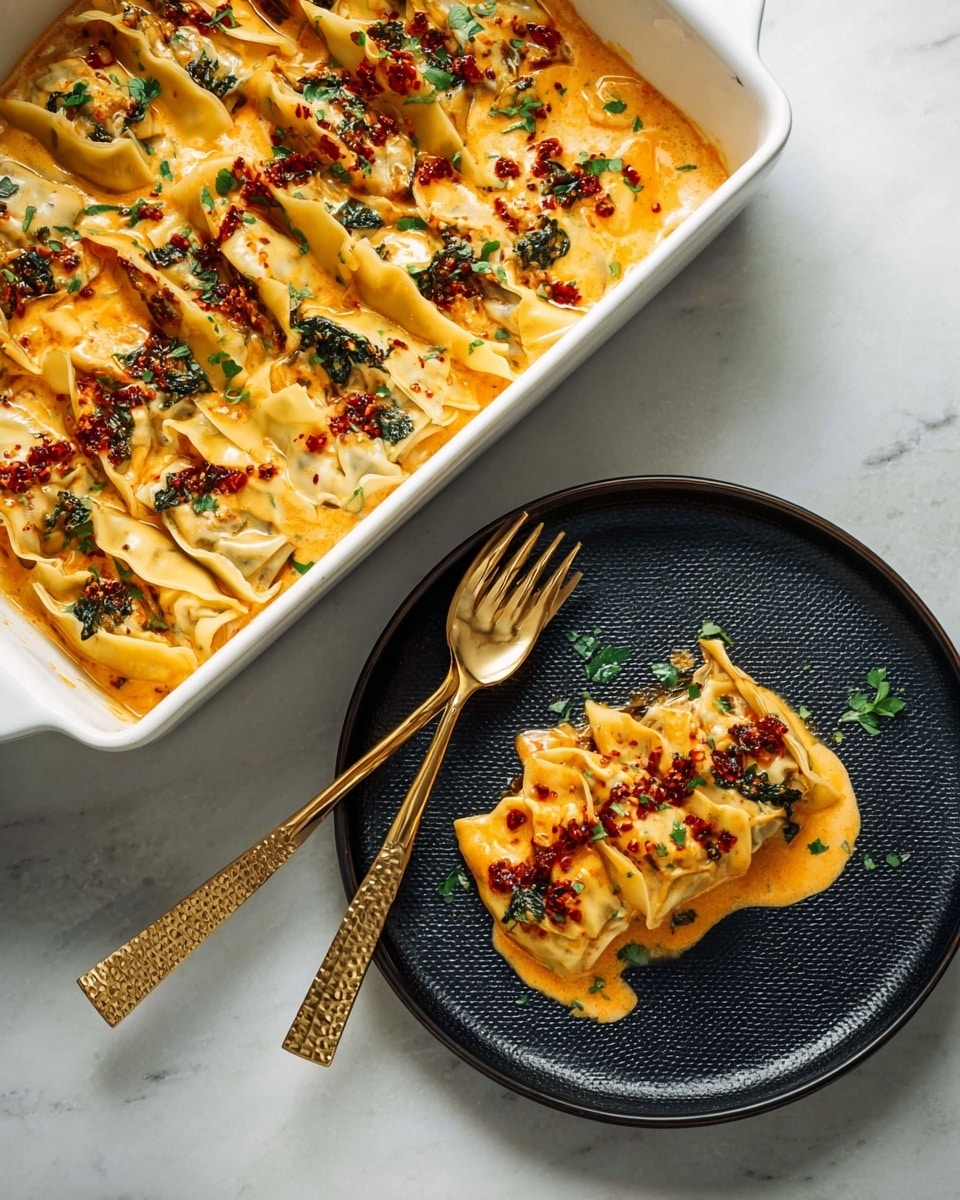A white rectangular baking dish filled with layers of folded dumplings submerged in a creamy orange sauce. The dumplings are lightly browned on top, with some dark green leafy herbs scattered across the surface. Small pieces of bright green chopped chives and red chili flakes are spread on top, adding texture and color contrast. A silver spoon rests inside the dish, partially dipping into the sauce. The dish is placed on a white marbled surface. photo taken with an iphone --ar 4:5 --v 7
