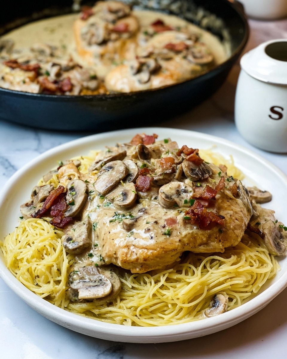 A white pan holds four cooked chicken breasts topped with a creamy light brown sauce and sliced browned mushrooms scattered over and around them. Small green parsley pieces are sprinkled over the chicken and sauce, adding contrast. The sauce looks smooth and thick, pooling slightly at the bottom of the pan. A gold spoon rests inside the pan, partly covered with sauce and mushrooms. Around the pan, there are small bowls with chopped green herbs and black pepper on a white marbled surface. photo taken with an iphone --ar 4:5 --v 7