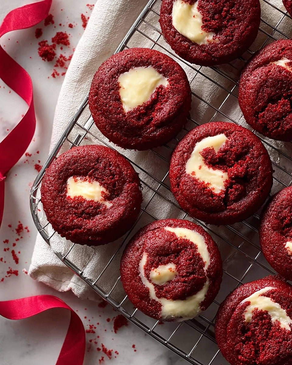 A small round cupcake with a deep red color and soft, crumbly texture. It has three clear layers: a thick outer layer of red cake, a middle layer of creamy white filling, and a thin inner layer of red cake that wraps around the filling. Red crumbs sprinkle around the base on a white plate, placed on a white marbled surface. In the background, there's another similar cupcake and a red ribbon. photo taken with an iphone --ar 4:5 --v 7