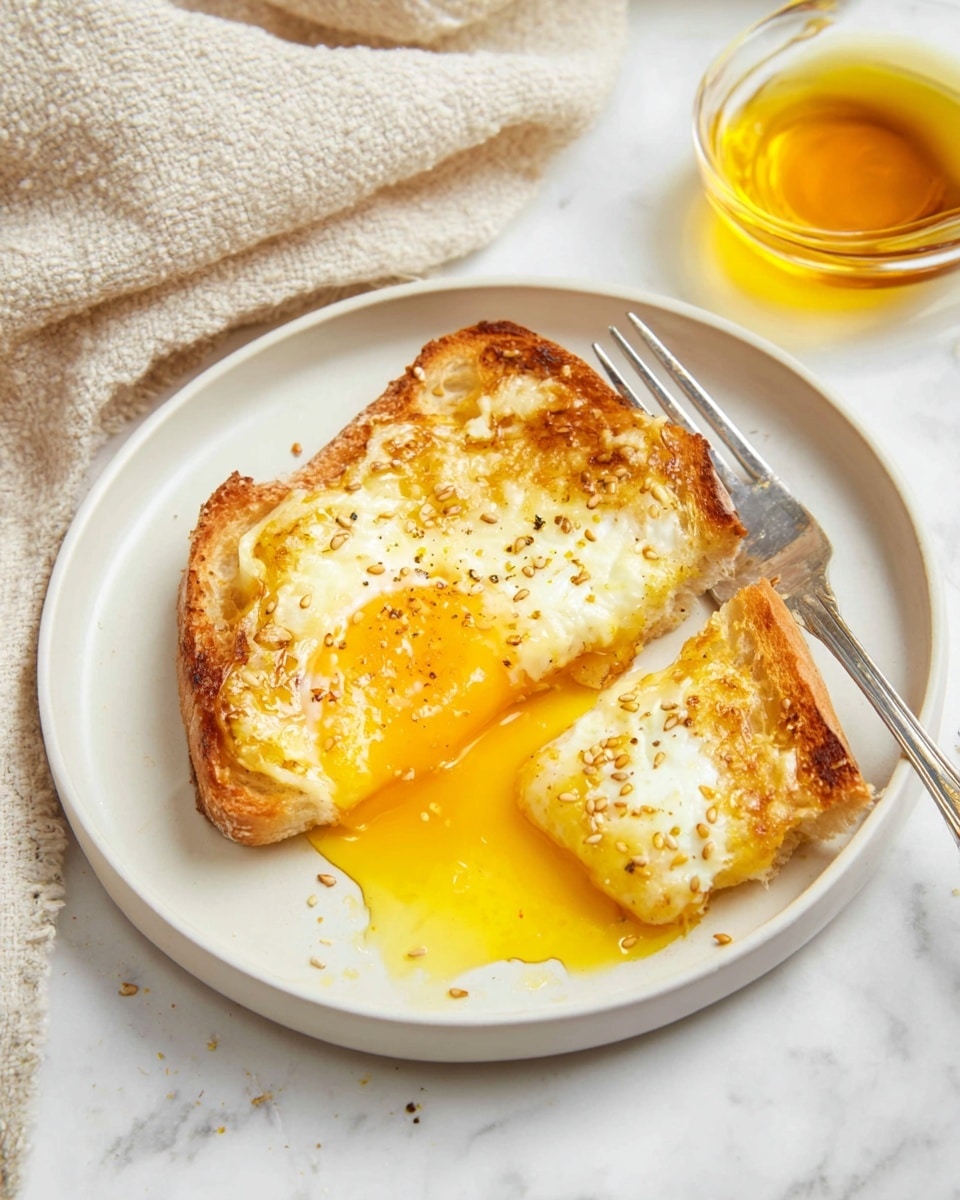A white plate holds two square slices of toasted bread stacked slightly off-center, each topped with melted golden-yellow cheese that has some browned spots, creating a crispy texture on top. A woman's hand pours a stream of light amber honey over the toast, which pools and drips onto the white plate, mixing with sesame seeds scattered around. The surface underneath is a white marbled texture, and a beige woven cloth is partially visible in the background. photo taken with an iphone --ar 4:5 --v 7