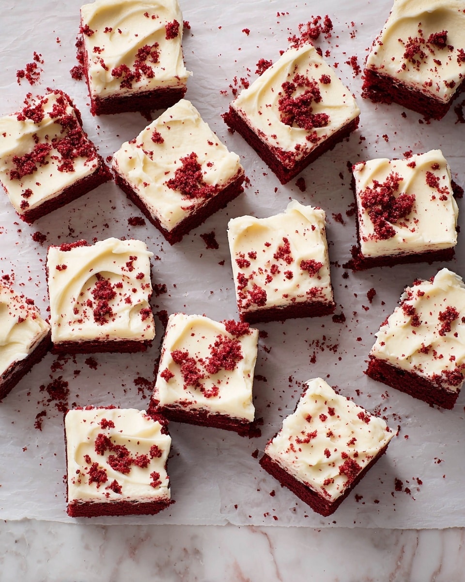 There are fifteen square pieces of cake laid out on white parchment paper over a white marbled surface. Each piece has two layers: a dark red velvet base with a soft texture, topped with a thick layer of creamy white frosting. The frosting is spread smoothly but shows swirled patterns and has scattered crumbs of red velvet cake on top. The shapes of the pieces are uneven but mostly square with clean edges. photo taken with an iphone --ar 4:5 --v 7