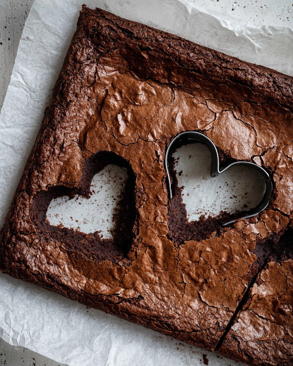 A large, freshly baked chocolate brownie slab with a cracked, crisp top layer in dark brown color is shown on white parchment paper on a white marbled textured surface. Two heart shapes are cut out from the center using a metal heart-shaped cutter placed on the right side of the slab. The exposed inside of the brownie reveals a slightly moist, dense texture in a rich, darker brown shade. The edges of the brownie are firmer and crispier, highlighting the texture contrast. Photo taken with an iphone --ar 4:5 --v 7