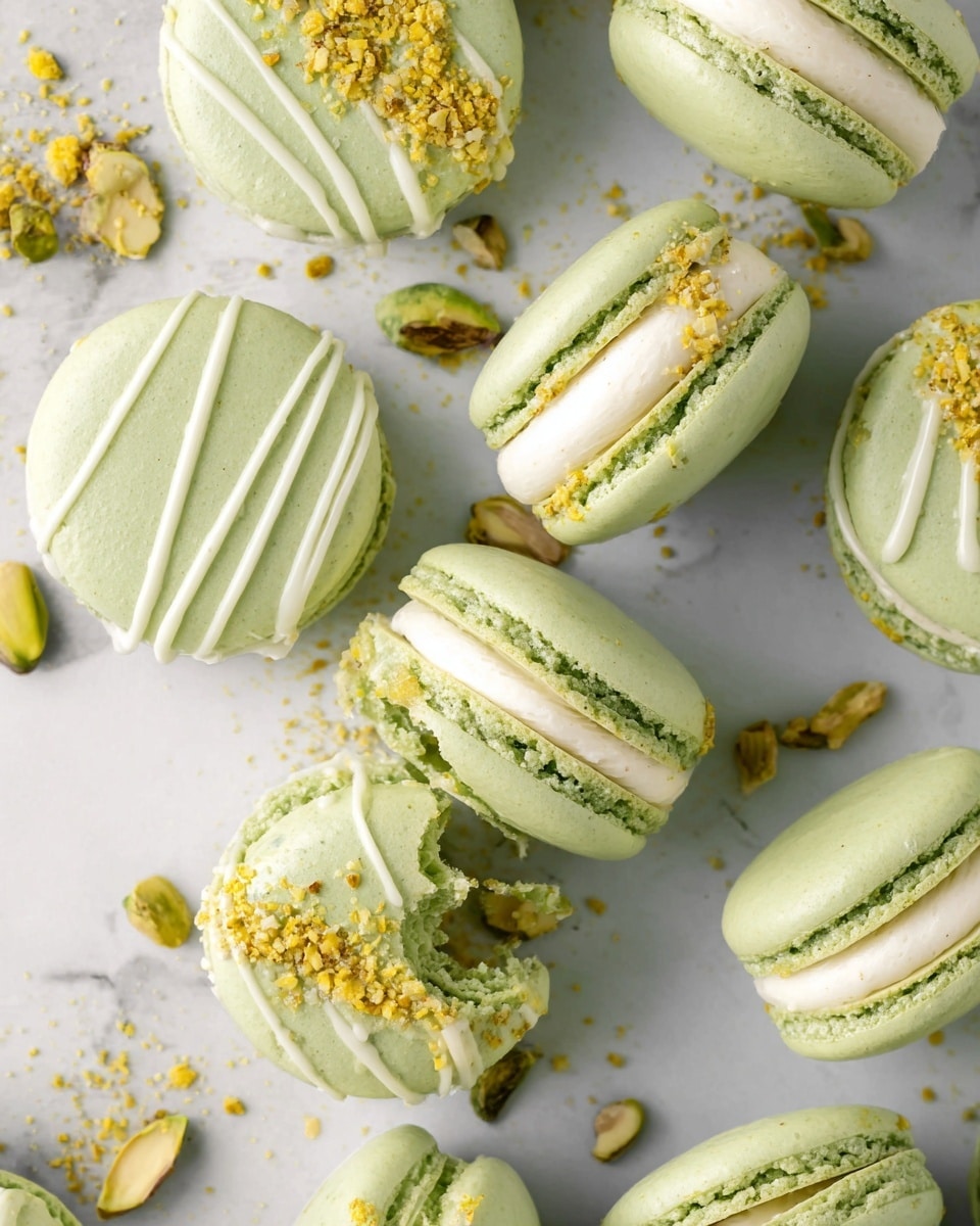 The image shows multiple light green macarons arranged closely on a white marbled surface. Each macaron has two smooth, round, slightly domed shells with a creamy pale green filling in between. Some macarons have a drizzle of white icing and a sprinkle of crushed nuts or crumbs in light brown on top, adding texture and color contrast. One macaron is open, revealing the thick creamy filling and crushed topping inside. The shells have a smooth and slightly shiny texture. photo taken with an iphone --ar 4:5 --v 7