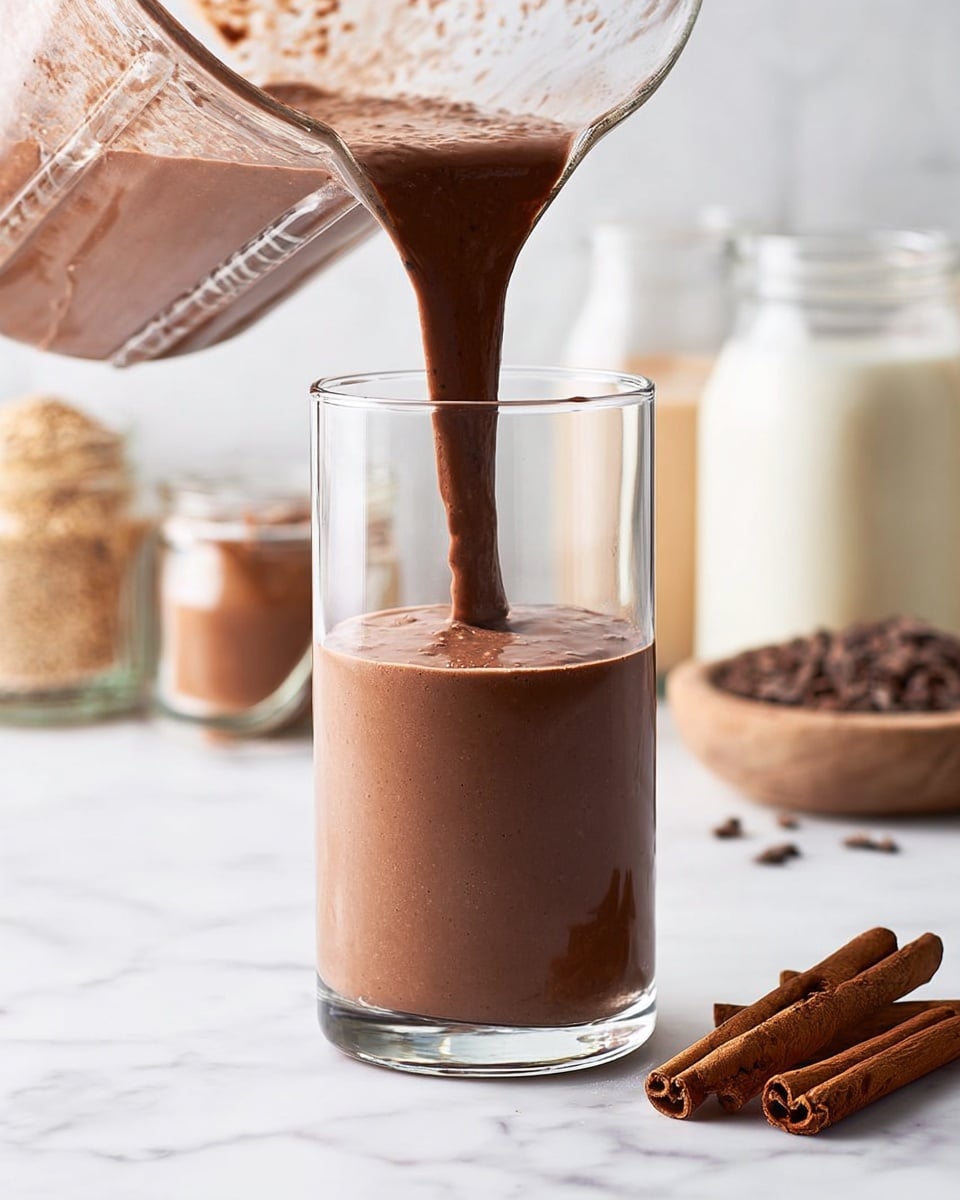 Two clear tall glasses filled with a thick, smooth, dark brown chocolate smoothie, each with a light brown paper straw inserted near the center. The glasses are placed on a white marbled surface, with a few oat flakes scattered nearby. In front of the glasses, there are three cinnamon sticks lying on the surface. In the softly blurred background, there is a white bottle and jars with light brown and beige contents. The overall setting is bright and clean, highlighting the rich, creamy texture of the smoothie. photo taken with an iphone --ar 4:5 --v 7