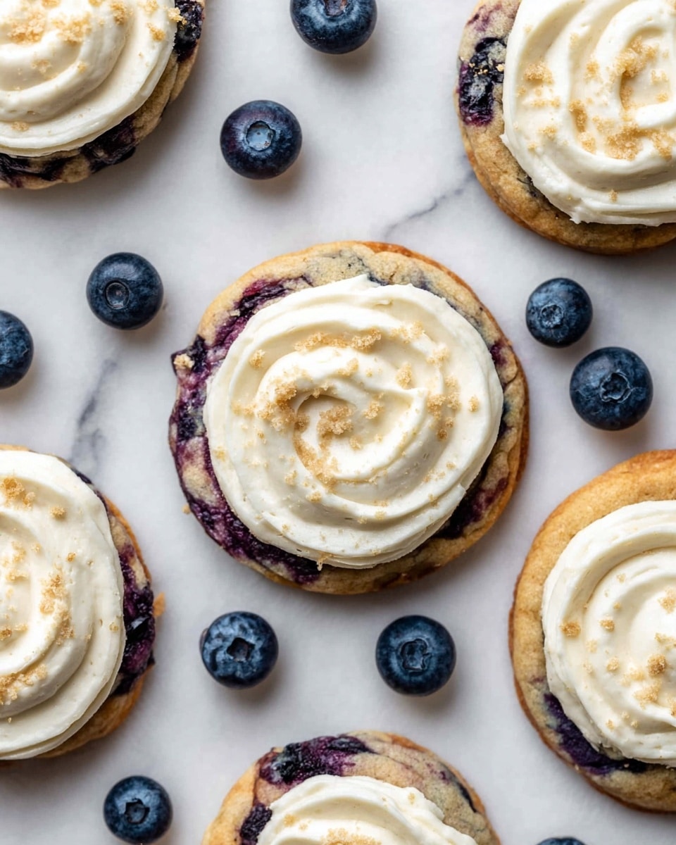 The image shows several round blueberry cookies laid on a white marbled surface. Each cookie has one layer with a marbled mix of golden brown and dark purple from blueberries baked into the dough. On top of every cookie is a thick swirl of creamy white frosting sprinkled lightly with small crumb bits, adding a textured look. Around the cookies, fresh whole blueberries are scattered randomly, adding contrast with their deep blue color. The overall look is fresh, soft, and inviting with a blend of baked texture and smooth frosting. photo taken with an iphone --ar 4:5 --v 7