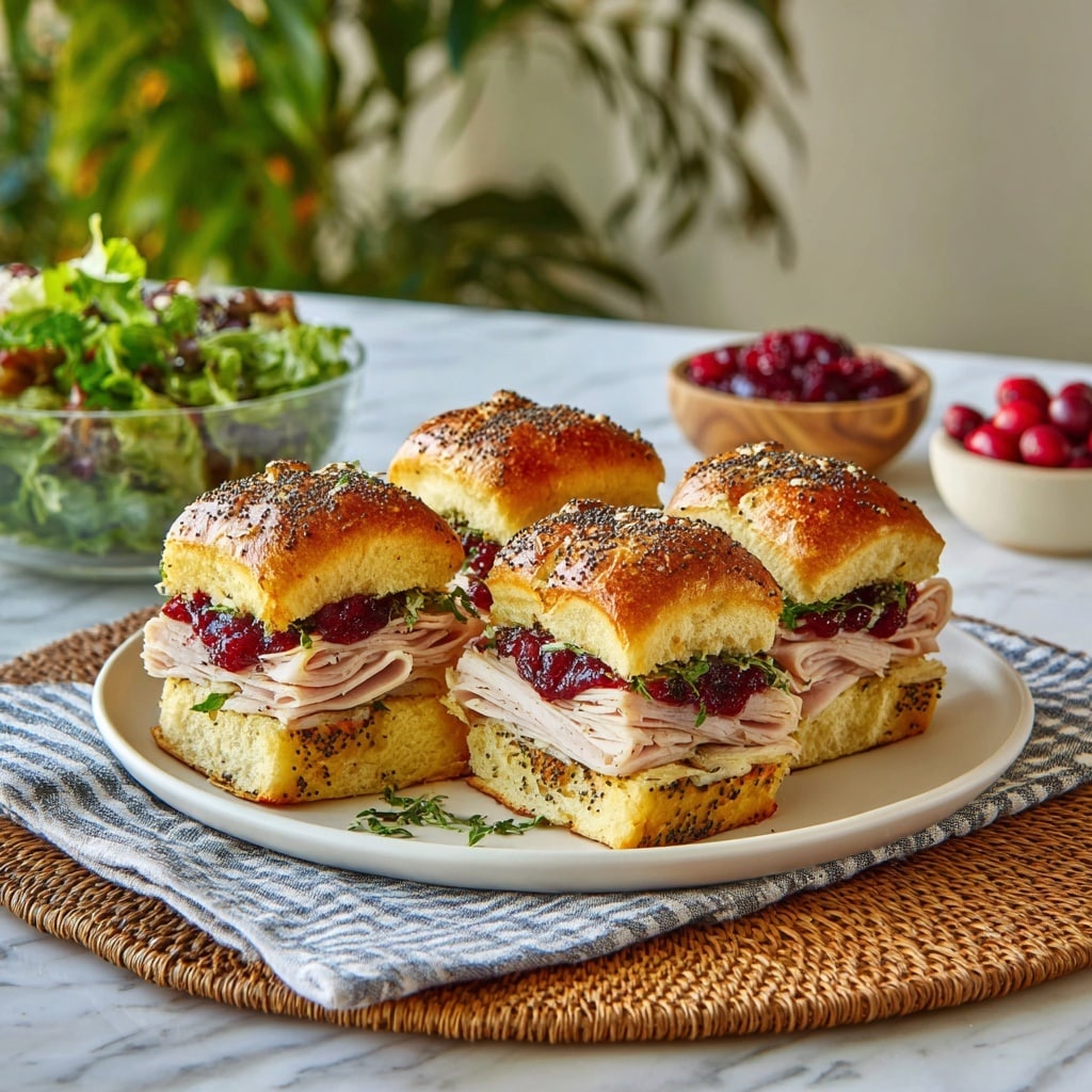 A close-up view of four sandwich pieces arranged on a wooden board, each sandwich made with a golden brown poppy seed bun. Inside, there are three visible layers: the bottom soft white bun, slices of light pink turkey meat in the middle, and a layer of bright red cranberry sauce topped with fresh green leafy lettuce. The cranberry sauce is slightly spilling out, adding a glossy texture. In the background, there is a clear glass bowl filled with fresh green arugula leaves and another clear bowl with bright red cranberries, all set on a white marbled surface. Photo taken with an iphone --ar 4:5 --v 7