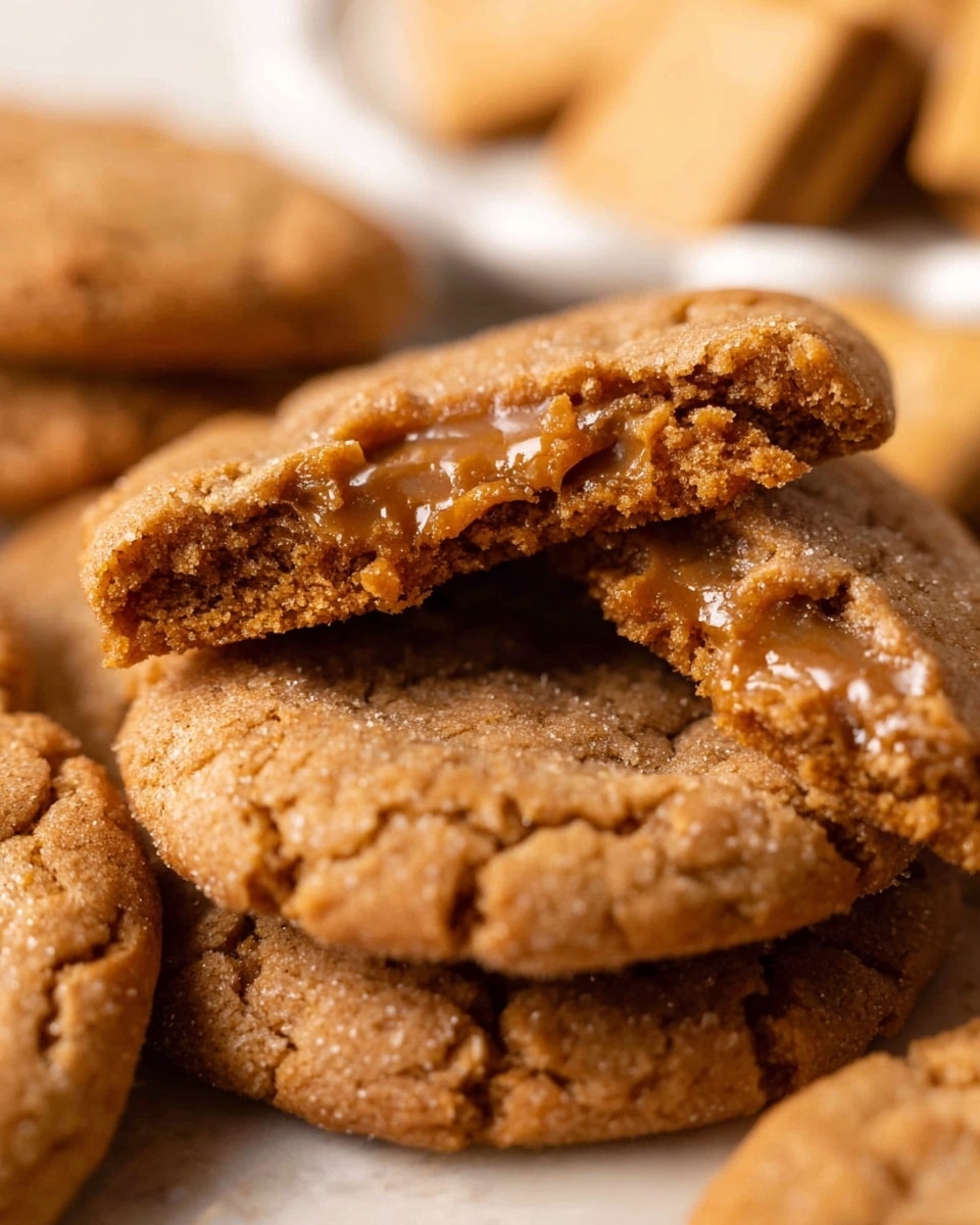 A close-up view of several soft brown cookies with a cracked surface, showing a chewy texture; one cookie is broken in half and placed on top of the others, revealing a moist, crumbly inside with a rich golden-brown color. The cookies are stacked casually on a white marbled surface, with a blurred white plate holding square graham crackers in the background. The overall focus is on the broken cookie in the middle, highlighting its dense, caramel-colored interior and shiny top crust. Photo taken with an iphone --ar 4:5 --v 7