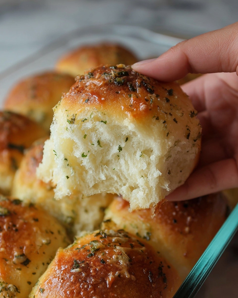 The image shows a close-up of a baking dish filled with soft, golden brown bread rolls closely packed together in three rows. Each roll has a slightly rounded top sprinkled with a mixture of finely chopped green herbs and small bits of roasted garlic, giving the surface a textured and flavorful appearance. The tops of the rolls are shiny, showing a light glaze that contrasts with the slightly crispy edges, while the sides reveal a softer, pale creamy color from the dough. The bread is baking in a clear glass pan set on a white marbled surface. Photo taken with an iphone --ar 4:5 --v 7
