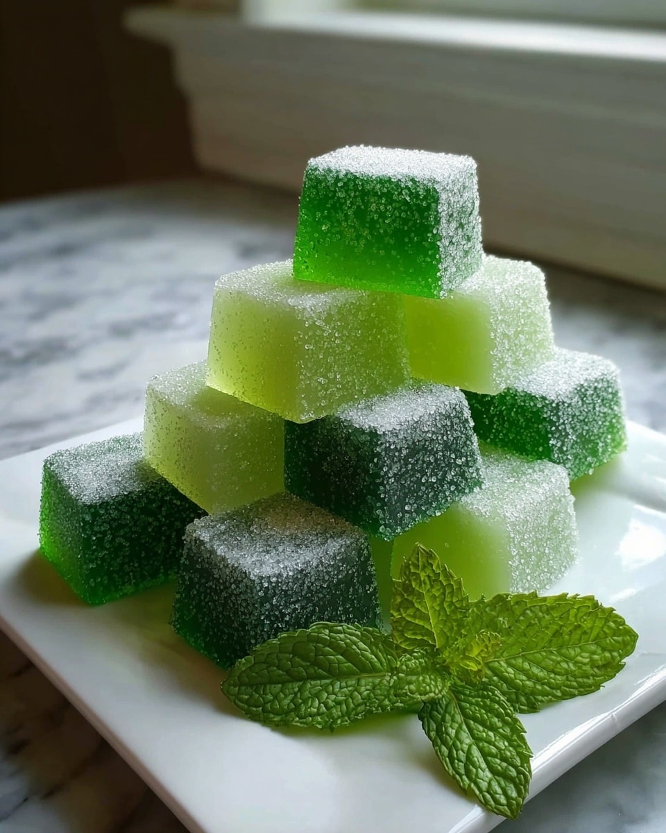 The image shows a white rectangular plate with a stack of green jelly-like cubes covered in white sugar granules. The cubes are frosted and shiny, with a soft, smooth texture. The stack has about two layers, with some cubes placed on top of others in a pyramid shape. Fresh green mint leaves are placed beside and on top of the stack, adding a bright green contrast to the sugar-covered cubes. The plate is sitting on a white marbled surface. The photo was taken with an iphone --ar 4:5 --v 7