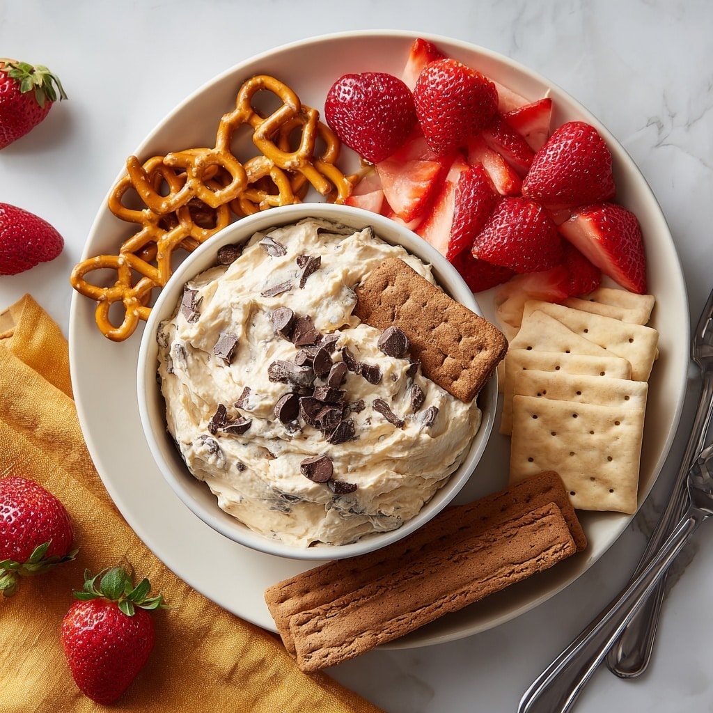 A white bowl in the center holds creamy beige dip with visible dark chocolate chips mixed inside and a crumbled brown cookie on top along with a whole rectangular brown cookie partially pressed into the dip. This bowl sits on a large white plate with four groups around it: golden brown pretzels with a slight shine on the top left, bright red sliced strawberries arranged on the top right, light tan square crackers with a rough texture at the bottom left, and stacked rectangular brown cookies on the bottom right. A whole rectangular cookie lies on the white marbled surface at the bottom left beside the plate, with whole strawberries scattered around. A mustard yellow cloth is casually placed in the top right corner, and two silver forks rest near the bottom right of the plate. photo taken with an iphone --ar 4:5 --v 7