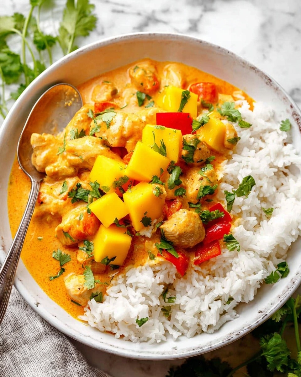 A close-up of a shiny silver pan filled with thick orange curry. The curry has large bright yellow cubed pieces of mango or squash, small chunks of light brown meat or tofu, and slices of dark green zucchini mixed in. Scattered on top are fresh dark green cilantro leaves and basil leaves. A wooden spoon with a long handle rests inside the pan, partially covered by the curry. The pan is placed on a white marbled surface with some small green herb leaves around it. photo taken with an iphone --ar 4:5 --v 7