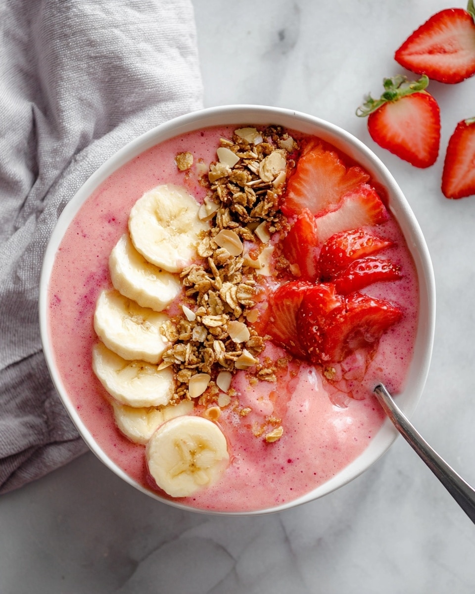 A white bowl sits on a white marbled surface, filled with three main layers; the base is a smooth, thick pink smoothie layer that looks creamy. On top, there are sliced banana pieces arranged in a neat row on one side, showing their light yellow color and soft texture. Next to the banana slices, there are bright red sliced strawberries scattered partly into the smoothie. In the center, there is a mound of golden brown granola that appears crunchy with whole almonds visible. A shiny drizzle of honey covers some banana slices and granola. Small black chia seeds are sprinkled lightly over the whole bowl, adding contrast. The scene includes fresh strawberries and a small white bowl of granola nearby, all placed on the white marbled background. Photo taken with an iphone --ar 4:5 --v 7