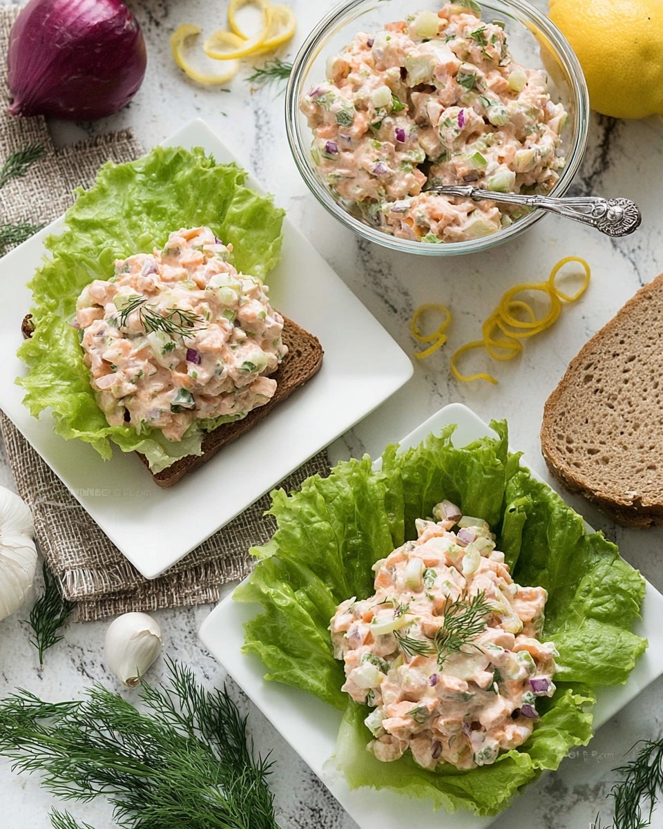The image shows a slice of light brown bread as the base layer on a white plate, topped generously with a creamy salad mixture that has a pale orange color. Mixed into this creamy salad are visible green celery pieces, bits of red onion, and small green dill sprigs scattered on top. Behind and to the left, part of the same salad is piled onto green lettuce leaves on another white plate. A glass bowl filled with more of the creamy salad sits in the softly blurred background. Surrounding the dishes are fresh lemon slices, red onion slices, and green leafy textures, all placed on a white marbled surface. photo taken with an iphone --ar 4:5 --v 7