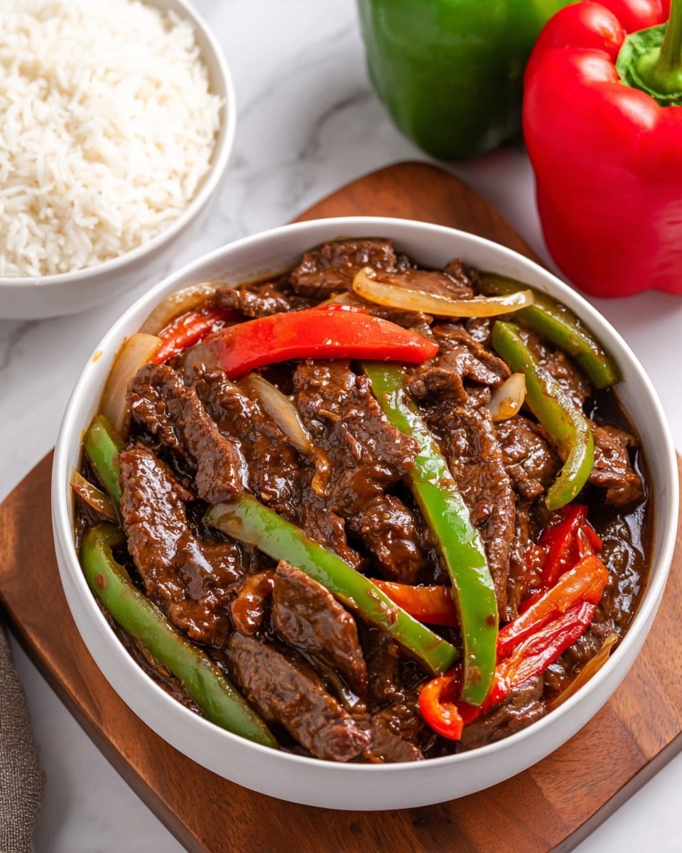 A white bowl filled with a thick layer of dark brown beef strips cooked in a glossy sauce, mixed with long green and red bell pepper slices and translucent cooked onion strips. The beef looks tender with a slight shine from the sauce, and the vegetables have a cooked but firm texture. On the left side, a white bowl filled with soft, fluffy white rice is partially shown. In the background is a wooden board with one whole green and one whole red bell pepper resting on it, all placed on a white marbled surface. photo taken with an iphone --ar 4:5 --v 7