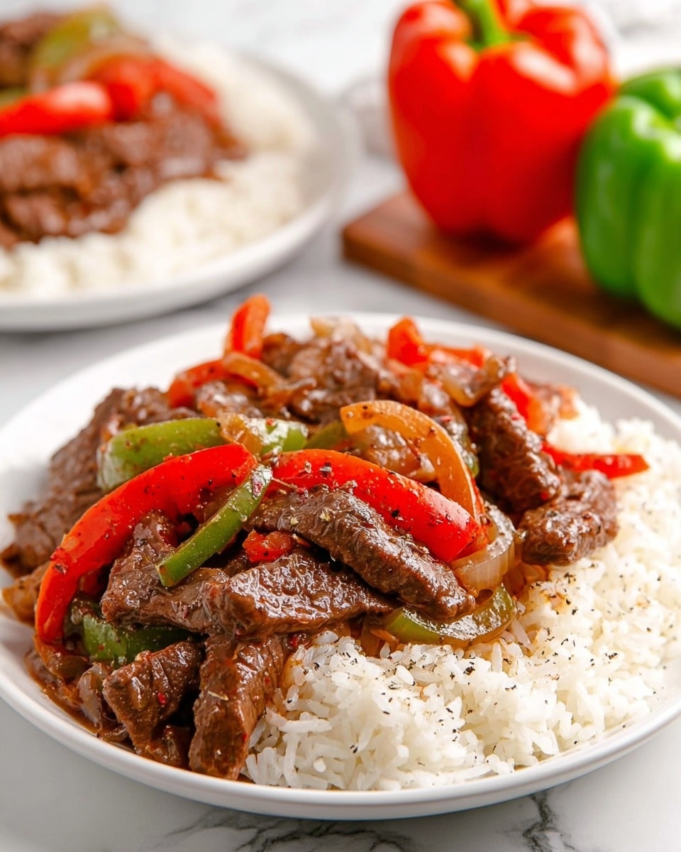 A white plate holds two layers: the bottom is a bed of fluffy white rice, and on top, tender strips of brown beef cooked in a glossy dark sauce are mixed with sautéed red and green bell pepper slices and translucent cooked onion pieces, all sprinkled lightly with black pepper. In the background, whole red and green bell peppers rest on a wooden cutting board against a white marbled surface. Another white plate with the same dish is partially visible behind the main plate. photo taken with an iphone --ar 4:5 --v 7
