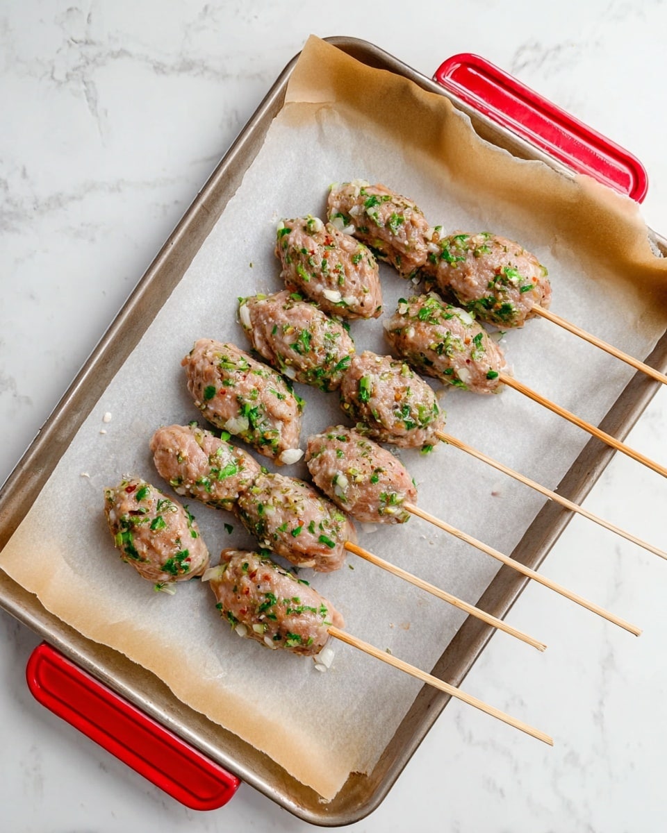 The image shows four grilled meat skewers on a white plate, each skewer holding three to four oval-shaped pieces of browned, slightly charred meat mixed with green herbs. A white sauce with green herbs is drizzled over the skewers, garnished with fresh parsley leaves scattered on top. In the upper right corner of the plate, there is a small bowl filled with more of the white green herb sauce, decorated with parsley on the surface. A lemon wedge is placed behind the skewers near the bowl. The plate sits on a white marbled surface. photo taken with an iphone --ar 4:5 --v 7