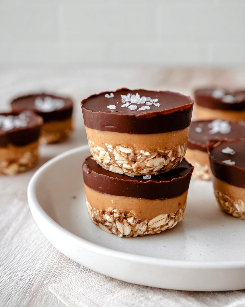 A close-up of a woman's hand holding a round treat with three visible layers: a shiny dark brown chocolate top sprinkled with coarse sea salt, a light tan peanut butter middle layer with a whipped texture, and a golden-brown oat base layer that looks crunchy. The treat has a bite taken out of it, showing the soft and crumbly inside. Below, more similar treats sit on a white plate, all with the same layers and chocolate tops. The background is a white marbled texture. Photo taken with an iphone --ar 4:5 --v 7