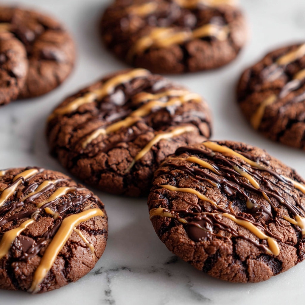 The image shows several round dark chocolate cookies on a white marbled surface. Each cookie has a rough, cracked texture with shiny dark chocolate chips and swirls of melted peanut butter on top, creating a rich contrast with the dark brown color of the cookie dough. The peanut butter drizzle is spread unevenly over the top in thin wavy lines, adding visual interest. The cookies are scattered and partially overlapping, giving a casual, inviting look. Photo taken with an iphone --ar 4:5 --v 7
