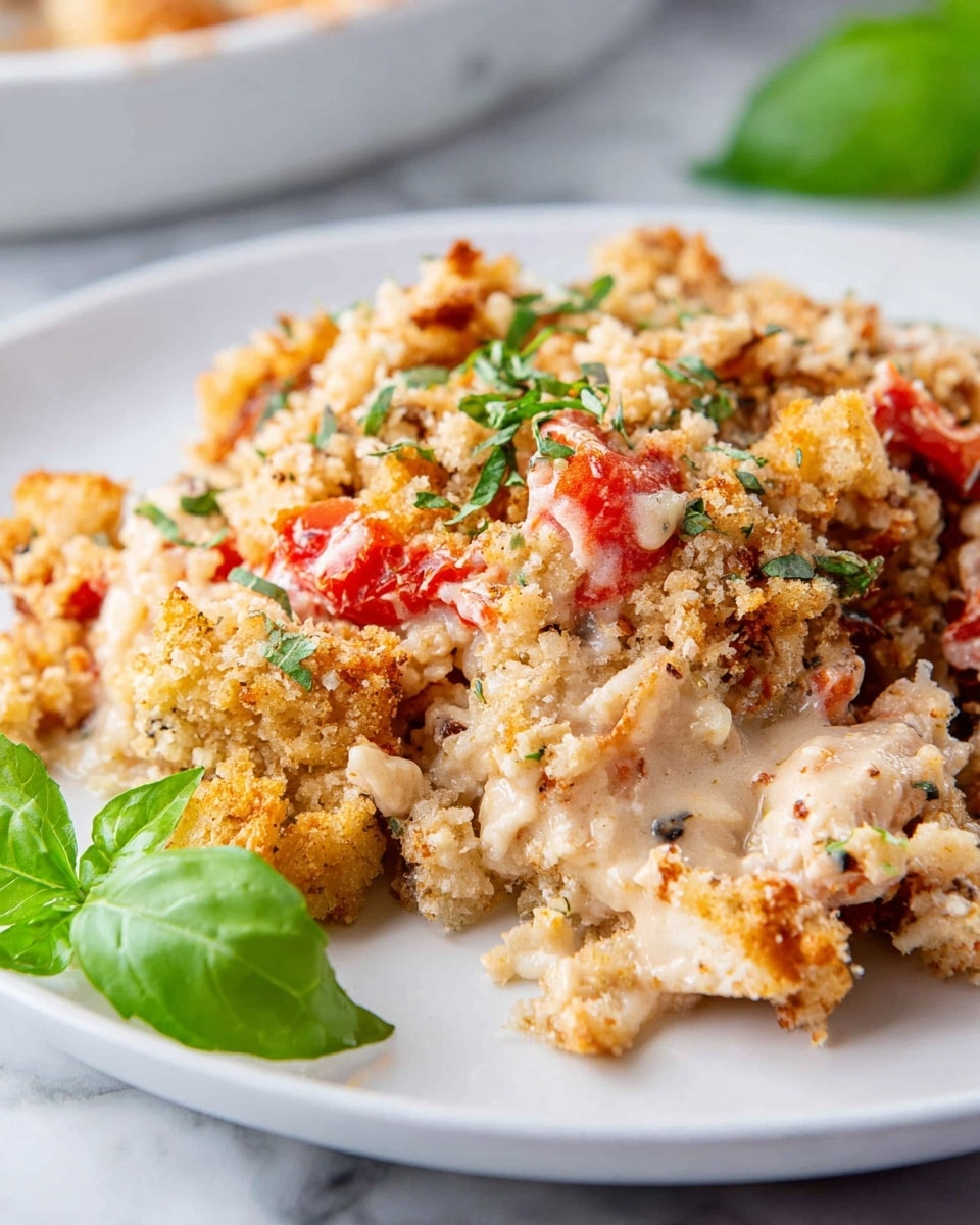 The dish is a baked casserole served in a clear glass round dish, showing a golden brown crumbly top layer mixed with red bits and sprinkled green herbs, creating a crunchy texture. Below the crispy topping is a creamy, light beige layer visible as the scoop lifts, with melted cheese stringing down between the spoon and the dish. The spoon, held by a woman's hand, lifts a portion revealing moist layers underneath the crust, all on a white marbled surface with fresh green basil leaves nearby. Photo taken with an iphone --ar 4:5 --v 7