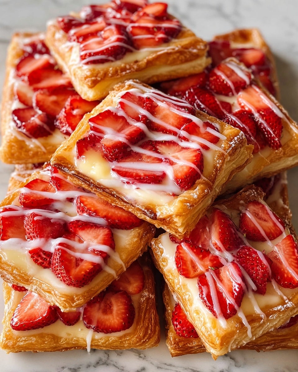 A group of nine rectangular pastries is stacked closely on a white marbled surface. Each pastry has a golden-brown crispy crust forming the outer layer, with a creamy, pale yellow filling inside. On top of the filling, bright red sliced strawberries are spread in clusters, some covered with a shiny glaze that makes them look juicy. A thin drizzle of white icing crosses the pastries, adding a glossy, smooth texture. The pastries vary slightly in size but all keep the same layered pattern and rich colors. Photo taken with an iphone --ar 4:5 --v 7