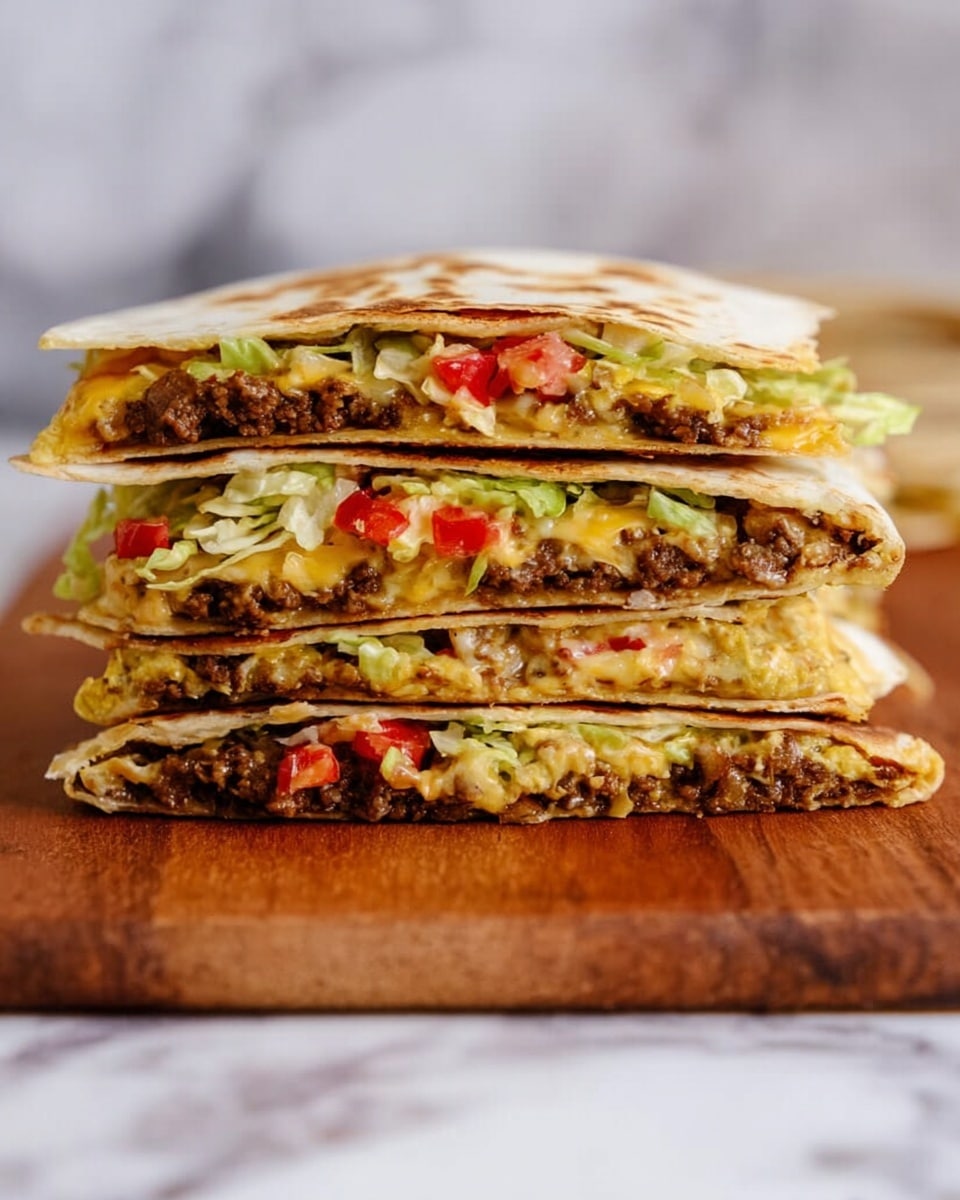 A stack of three quesadillas cut in half, placed on a wooden board over a white marbled surface. Each quesadilla is wrapped in a thin, light beige tortilla with slightly toasted edges. Inside, there are three visible layers: the bottom layer is a dark brown, crumbly meat filling; the middle layer is a bright yellow melted cheese mixed with bits of red and green vegetables; and the top layer shows a mix of creamy, shredded lettuce with small red tomato pieces. The quesadillas are neatly stacked, with the cut sides facing forward to show the layers clearly. Photo taken with an iphone --ar 4:5 --v 7