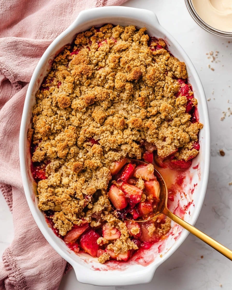A white oval baking dish holds a layered fruit crumble with two visible layers: the bottom layer consists of soft cooked red and pink fruit chunks with a juicy texture, and the top layer is a thick, golden brown oat crumble with rough, chunky pieces creating a crunchy texture. A gold spoon is scooping some fruit from the corner of the dish, showing the wet fruit layer underneath. The dish is placed on a white marbled textured surface with a soft pink cloth under one side, and a small glass bowl of light creamy topping is nearby. photo taken with an iphone --ar 4:5 --v 7