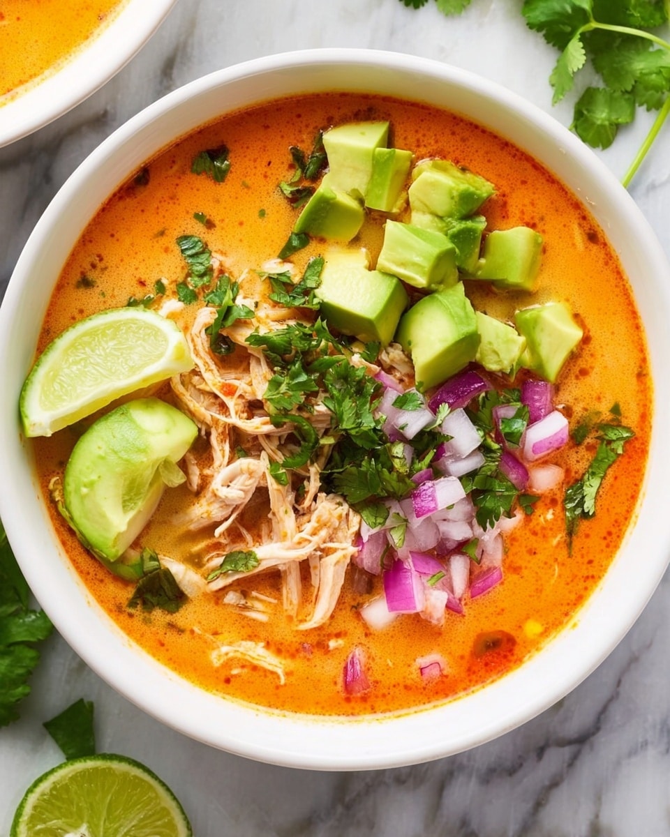 There are two white bowls filled with orange creamy soup that has shredded chicken and small pieces of tomato inside. Each bowl is topped with several layers: bright green avocado chunks, small purple diced onion pieces, fresh green cilantro leaves, and two thin slices of lime resting on the side of the soup. The bowls sit on a white marbled surface, with a halved avocado and some lime wedges nearby, along with scattered cilantro leaves. Photo taken with an iphone --ar 4:5 --v 7