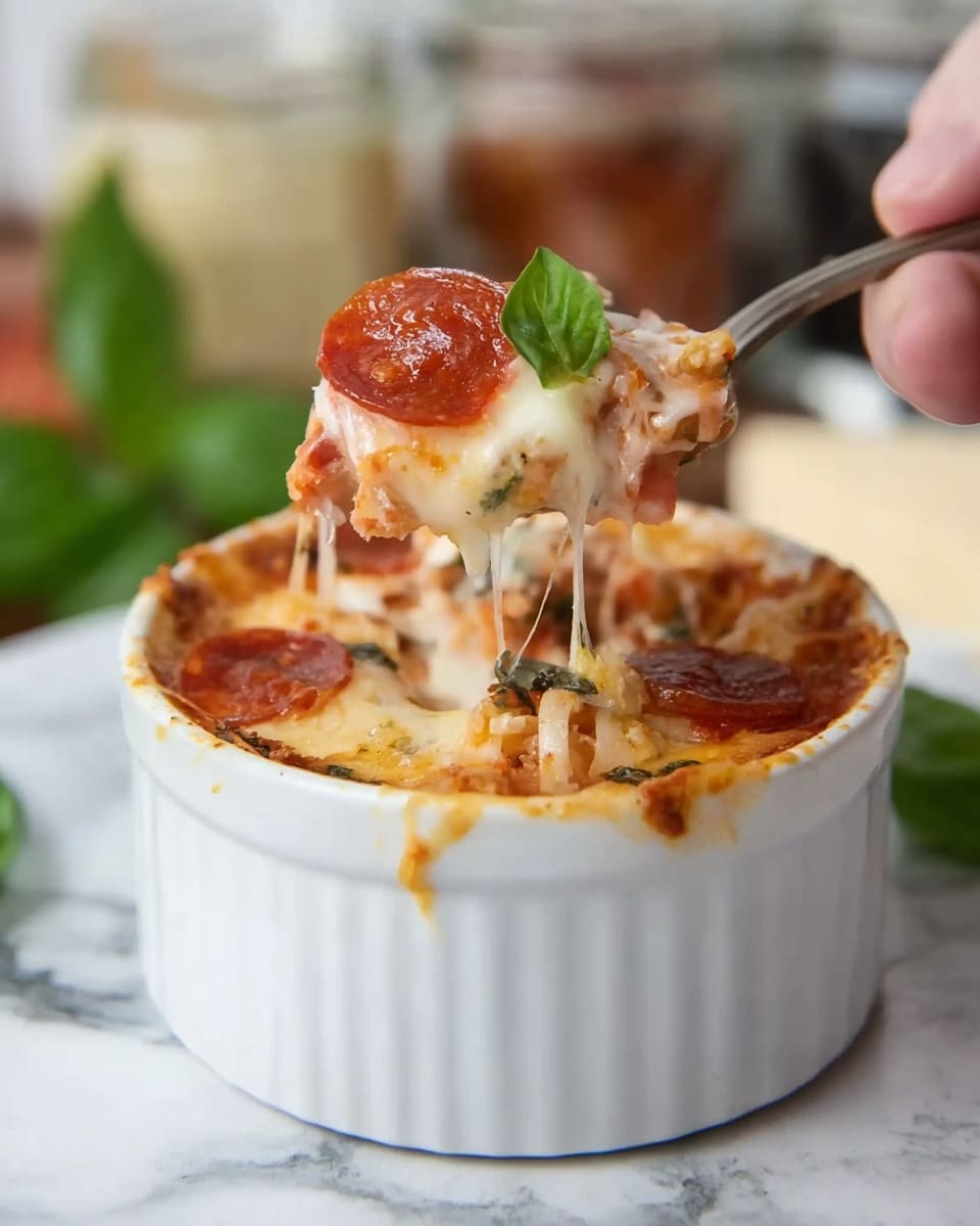 Two white round baking dishes filled with a baked pizza dip are shown from above on a white marbled surface. Each dish has a base layer of melted cheese that is golden orange and bubbly, topped with evenly spaced small round pepperoni slices in a rich red color. The cheese layer appears creamy with a slightly browned texture around the pepperoni. Some green basil leaves are scattered around the dishes, and a glass bottle of olive oil with a yellow tint is placed to the right. A blue cloth is partially visible under one of the dishes, and a woman's hand reaches from the left side. photo taken with an iphone --ar 4:5 --v 7