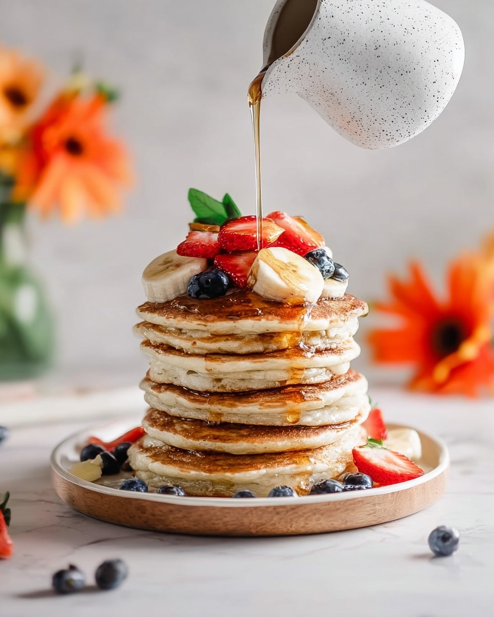 A tall stack of seven thick, golden-brown pancakes sits in the center of a white plate with a light wood rim, placed on a white marbled surface. The pancakes look fluffy with some slightly crispy edges, and syrup is being poured from a white speckled ceramic jug over the top, dripping down the sides of the stack. On top of the pancakes, layers of fresh fruit, including sliced strawberries with green leaves, whole blueberries, and banana slices, add vibrant reds, blues, and creamy whites. Some syrup pools on the plate below, and loose blueberries and a strawberry are scattered around the scene. In the background, there is a blurred orange flower and soft light coming from behind, giving a warm, inviting feel. photo taken with an iphone --ar 4:5 --v 7