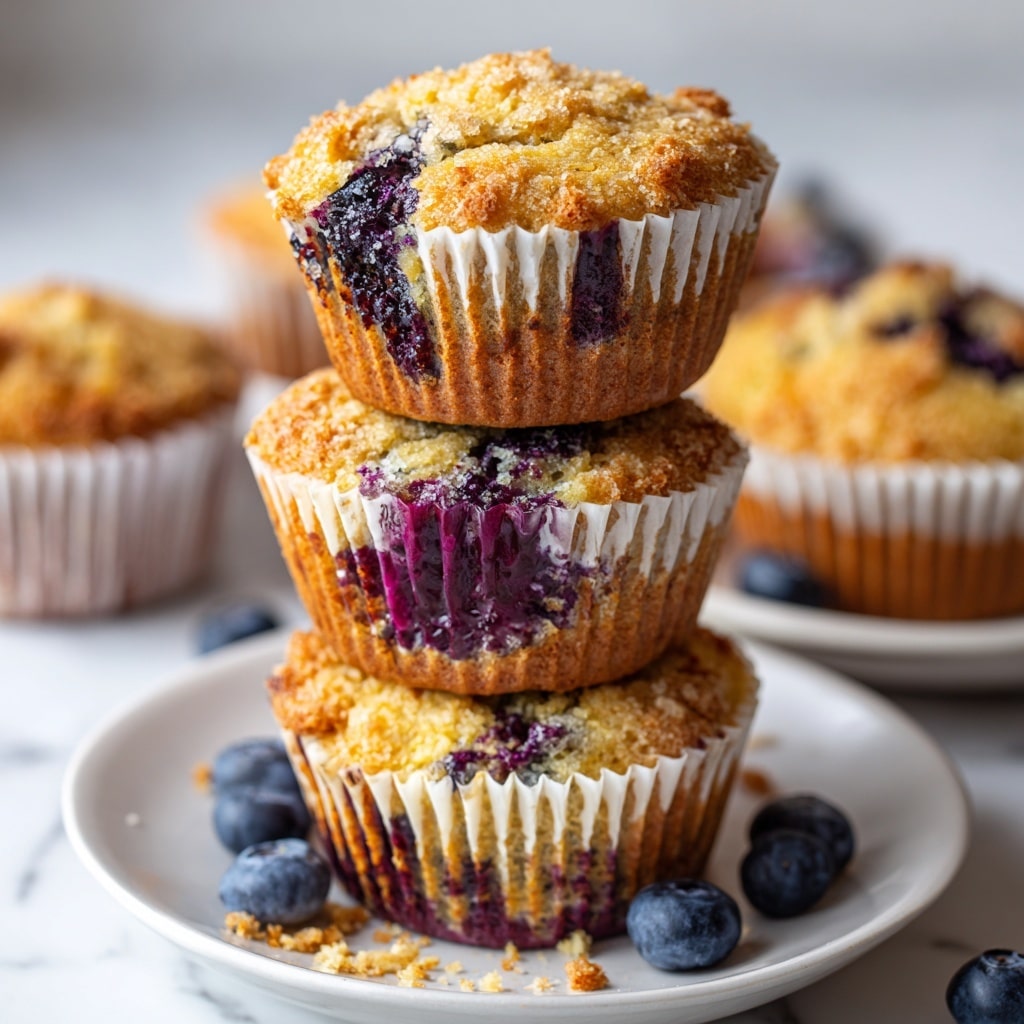The image shows two blueberry muffins stacked on a white marbled surface, with the top muffin split in half to reveal its inside. The base muffin is whole, golden brown with a slightly bumpy texture and visible dark purple blueberry spots through its white paper liner. The top half, resting on the base, has a light golden-brown crust with a moist, crumbly inside filled with juicy, dark purple blueberries, some crushed and oozing. Around the muffins, a few whole blueberries and scattered crumbs add detail. The background is softly blurred with other muffins in white paper liners visible, all set on a white marbled surface. photo taken with an iphone --ar 4:5 --v 7