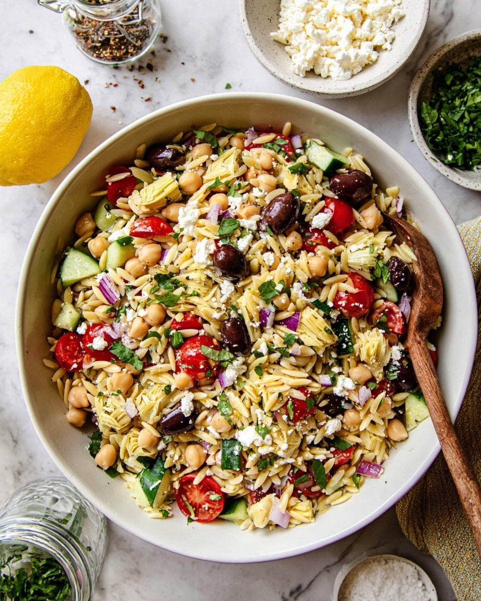 A large white bowl filled with a colorful orzo pasta salad sits on a white marbled surface. The salad has several layers and textures: small pale yellow orzo pasta pieces make up the base, mixed evenly with light beige chickpeas. Bright red cherry tomatoes, some halved, and dark purple olives are scattered throughout. Fresh green cucumber chunks and green basil leaves add a fresh look. Small white crumbles of feta cheese are sprinkled on top, along with light yellow artichoke hearts and finely chopped red onions for a touch of purple. A wooden spoon is partially inside the bowl on the right side. Around the bowl, there are small white dishes with crumbled feta, chopped green herbs, a lemon half, salt, and pepper jars. The photo is taken with an iphone --ar 4:5 --v 7
