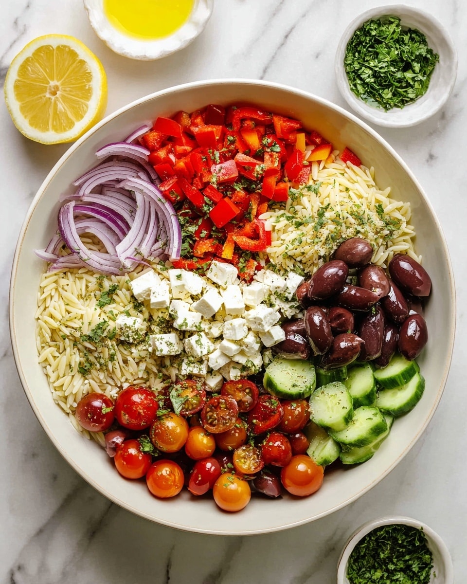 A white bowl filled with a colorful layered salad arranged in sections: at the base, off-white orzo pasta dusted with herbs, topped around the edges with diced red bell peppers; sliced red onions are placed to the left, followed by bright white cubes of feta cheese scattered across the top. Cherry tomatoes, both red and yellow, are halved and spread in the center. Dark purple kalamata olives are scattered mainly on the right and some in the middle. Sliced, dark green cucumbers with a fresh matte texture are on the right bottom side. Fresh chopped green herbs are sprinkled between the tomatoes and olives. The bowl sits on a white marbled surface, with a white sliced lemon and small white bowls containing herbs and olives nearby. Photo taken with an iphone --ar 4:5 --v 7