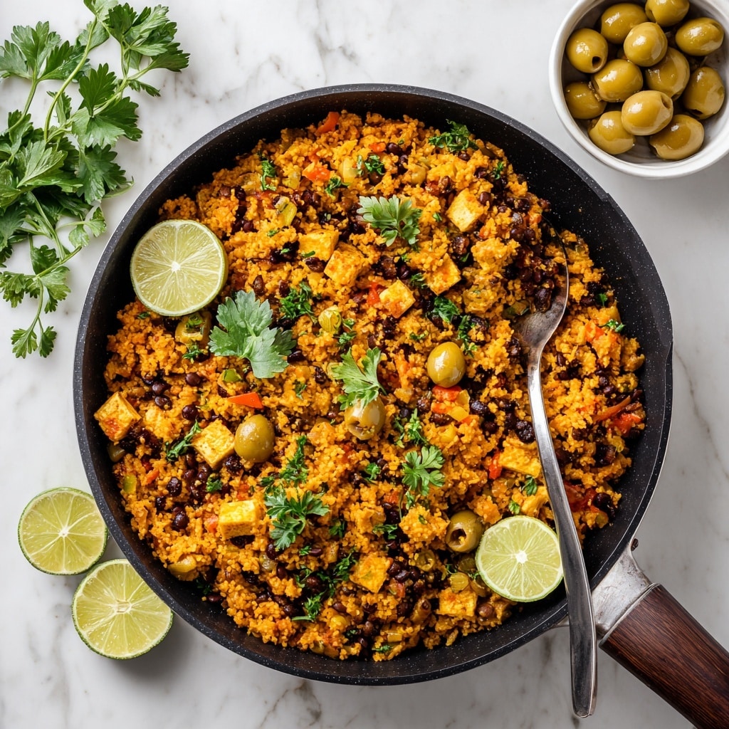 The dish shows one layer of bright orange rice that looks soft and fluffy, with a few whole green olives mixed in. The rice is topped with small pieces of fresh green herbs scattered unevenly, adding a fresh look. The food is served in a white round bowl with smooth edges, placed on a white marbled surface. There is a fork slightly blurred in the background and some green herb pieces spread around. photo taken with an iphone --ar 4:5 --v 7