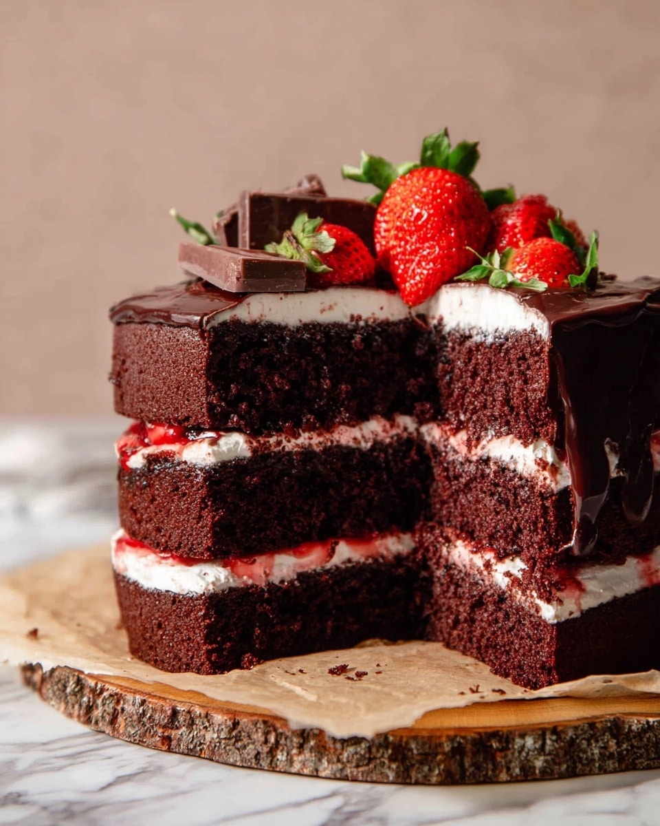 A round cake with three visible layers sits on a piece of parchment atop a rustic wooden slab, set against a white marbled background. The bottom layer is dark and crumbly, the middle layer is thick with pale pink cream mixed with small pieces of strawberries, and the top is covered by glossy dark chocolate ganache that drips down the sides. Fresh whole and halved strawberries along with chunks of dark chocolate rest in a small pile on top. Scattered crumbs and strawberry pieces lie around the cake, adding a natural touch. Photo taken with an iphone --ar 4:5 --v 7