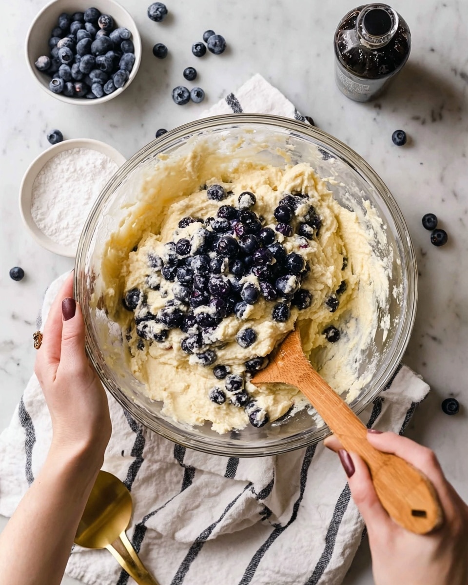 A clear glass bowl held by a woman's hand contains thick, creamy pale yellow batter with fresh, whole blueberries mixed in, some sitting on top. A wooden spoon held by another woman's hand stirs the mixture inside the bowl. The bowl is placed on a soft white cloth with thin black stripes, all set on a white marbled surface. Around the bowl are scattered fresh blueberries, a small white bowl filled with more blueberries, a small white bowl with fine white sugar, a dark bottle with a black cap, and a gold measuring spoon. photo taken with an iphone --ar 4:5 --v 7